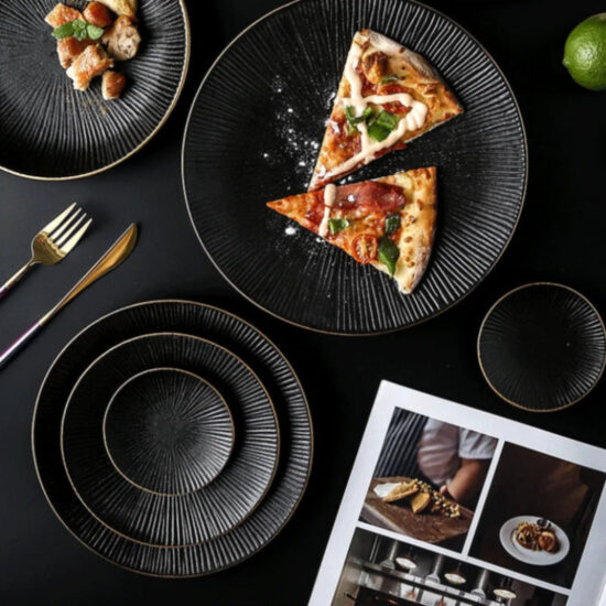 Black Ribbed Ceramic Dinner Plates, Set of 4